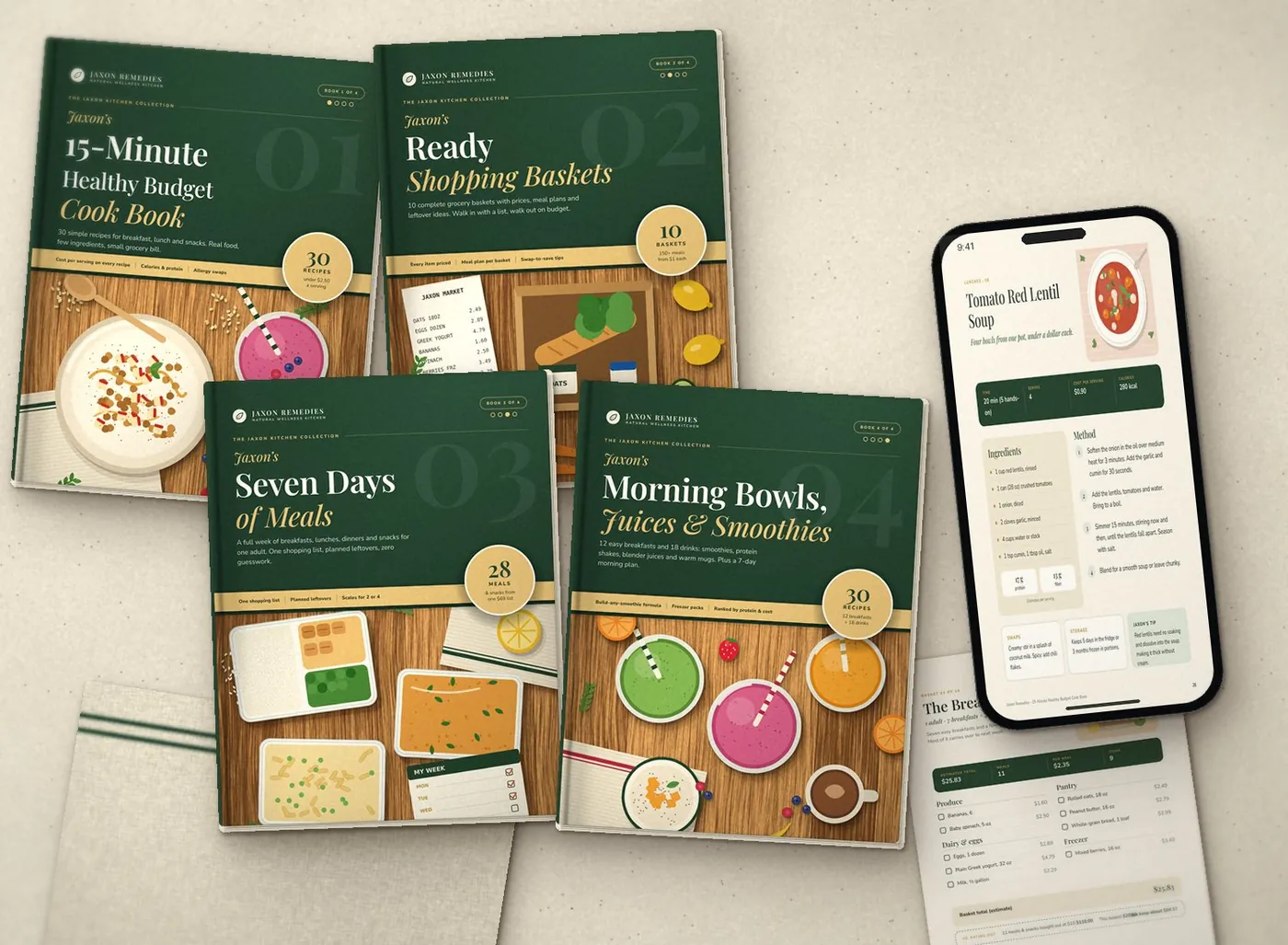 The four Jaxon Remedies books laid out on a table with a phone showing a recipe page and a printed shopping list